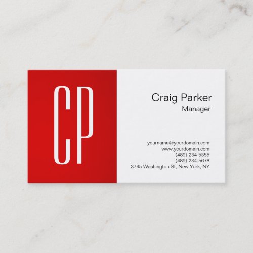 Modern Red White Monogram Professional Business Card