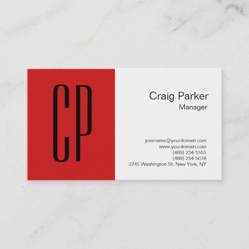 Modern Red White Monogram Professional Business Card