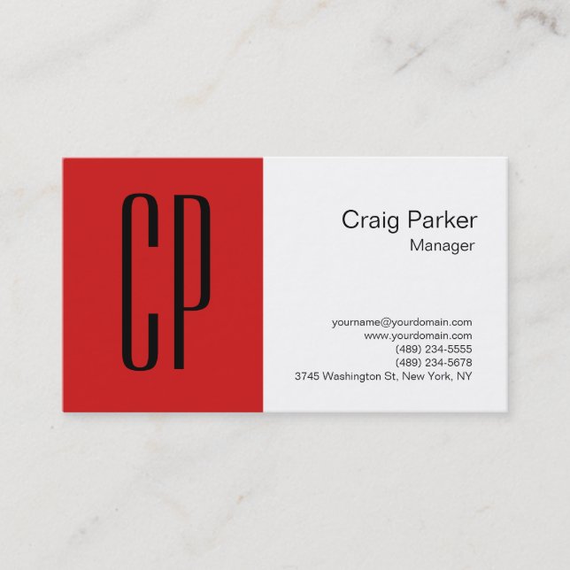Modern Red White Monogram Professional Business Card (Front)