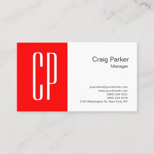 Modern Red White Monogram Professional Business Card