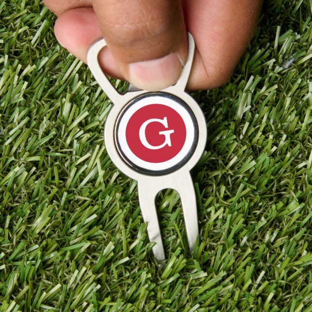 Modern Red White Monogram with Circle Border Divot Tool (Insitu 1)