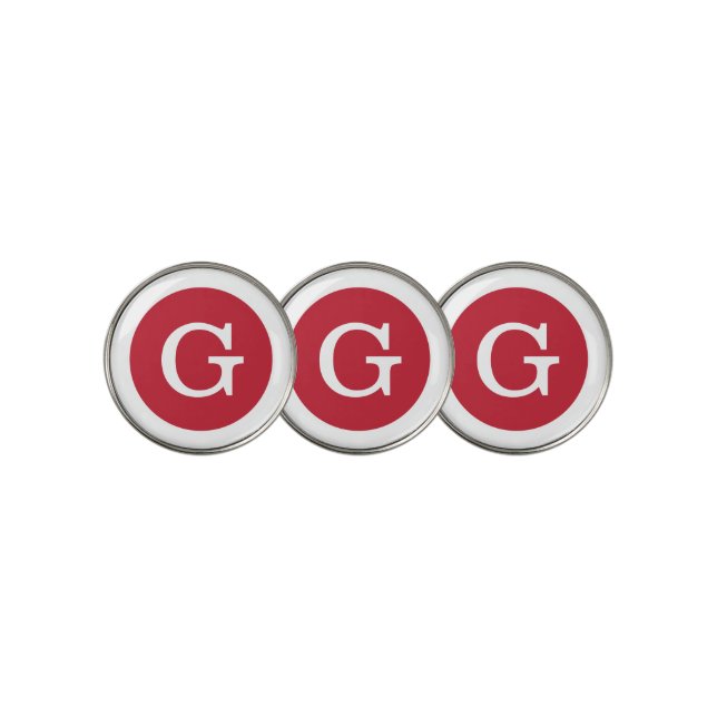 Modern Red White Monogram with Circle Border Golf Ball Marker (3 Up)