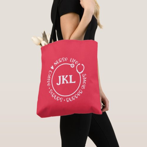 Modern Red White Monogrammed Stethoscope Nurse   Tote Bag