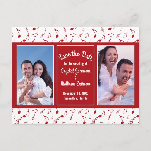 Modern Red White Music Notes Photo Save the Date