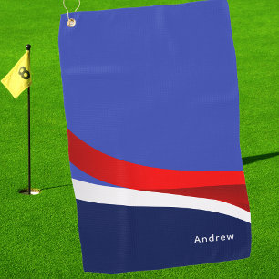 Modern Red, White, Navy Blue Golfer Monogram Golf Towel