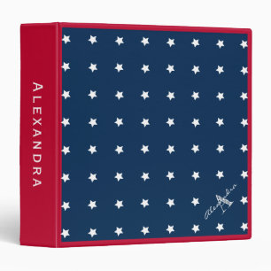 Modern Red White Navy Blue Stars Pattern Monogram 3 Ring Binder