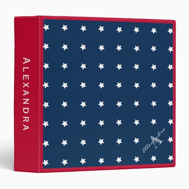 Modern Red White Navy Blue Stars Pattern Monogram 3 Ring Binder (Front/Spine)