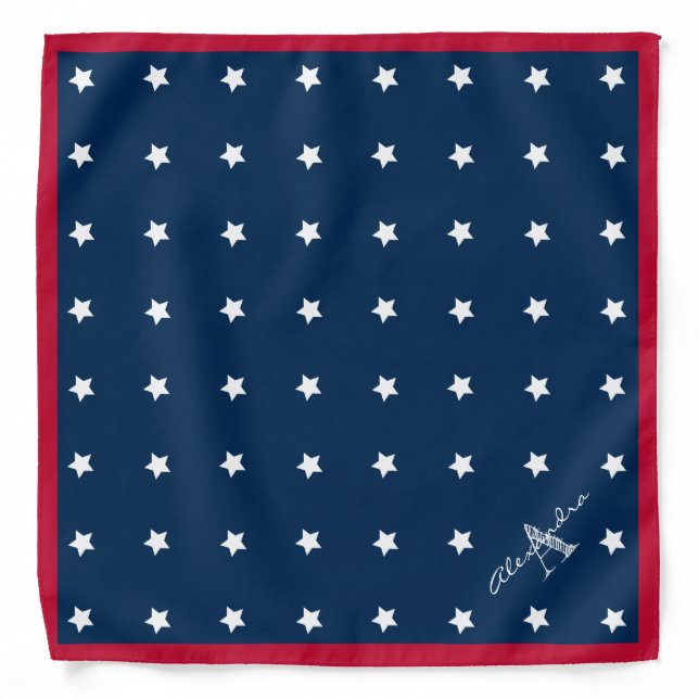 Modern Red White Navy Blue Stars Pattern Monogram Bandana (Front)