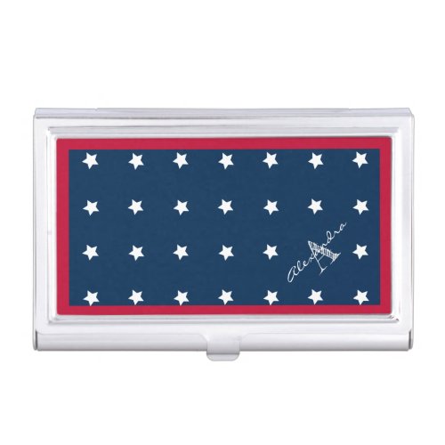 Modern Red White Navy Blue Stars Pattern Monogram Business Card Case