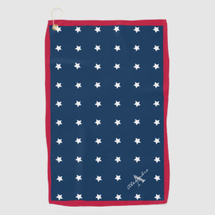 Modern Red White Navy Blue Stars Pattern Monogram Golf Towel