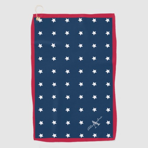Modern Red White Navy Blue Stars Pattern Monogram Golf Towel