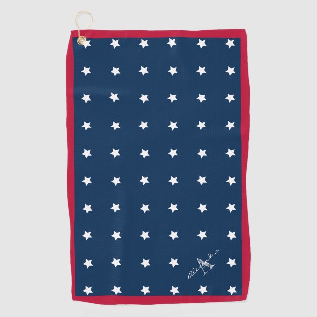 Modern Red White Navy Blue Stars Pattern Monogram Golf Towel (Front)