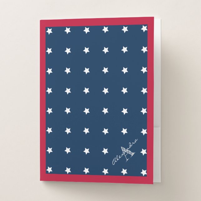Modern Red White Navy Blue Stars Pattern Monogram Pocket Folder (Front)