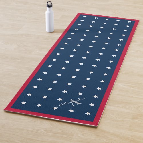 Modern Red White Navy Blue Stars Pattern Monogram Yoga Mat