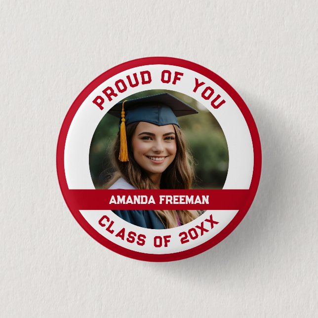 Modern Red & White Photo Customized Graduation Button (Front)
