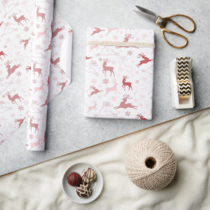 Modern Red White Pink Christmas Reindeer Wrapping Paper