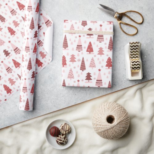 Modern Red White Pink Christmas Trees Wrapping Paper