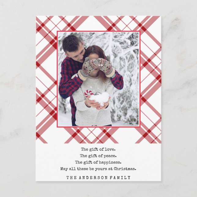 Modern Red White Plaid Christmas Postcard (Front)