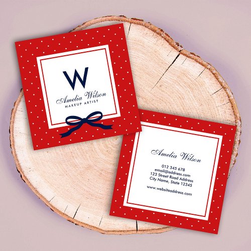 Modern Red White Polka Dot Red Ribbon Monogram Square Business Card