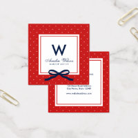 Modern Red White Polka Dot Red Ribbon Monogram Square Business Card