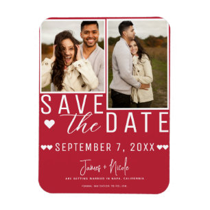Modern Red & White Save the Date 2 Photo Wedding Magnet
