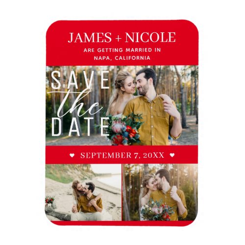 Modern Red  White Save the Date Wedding 3 Photos Magnet