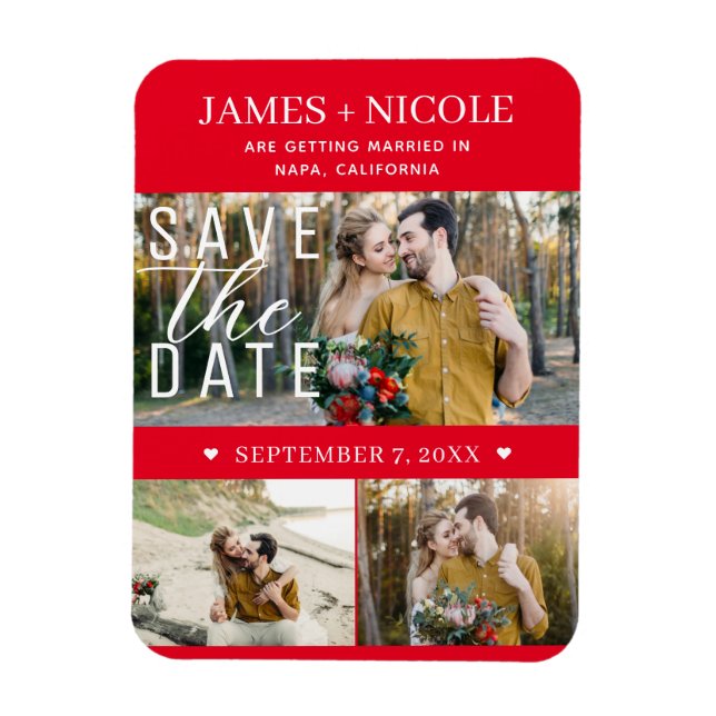 Modern Red & White Save the Date Wedding 3 Photos Magnet (Vertical)