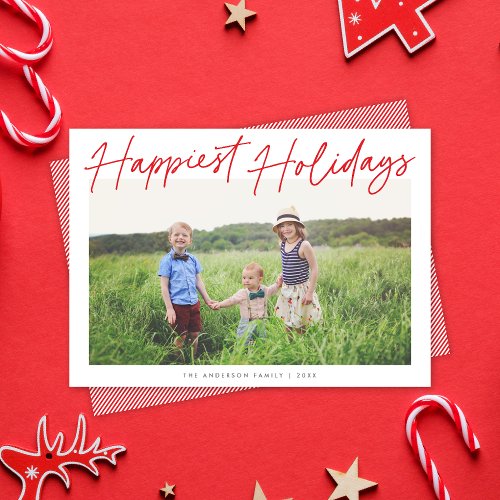 Modern Red  White Script Happiest Holidays Photo Holiday Card
