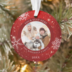 Modern Red White Snowflake Photo Personalized Ornament