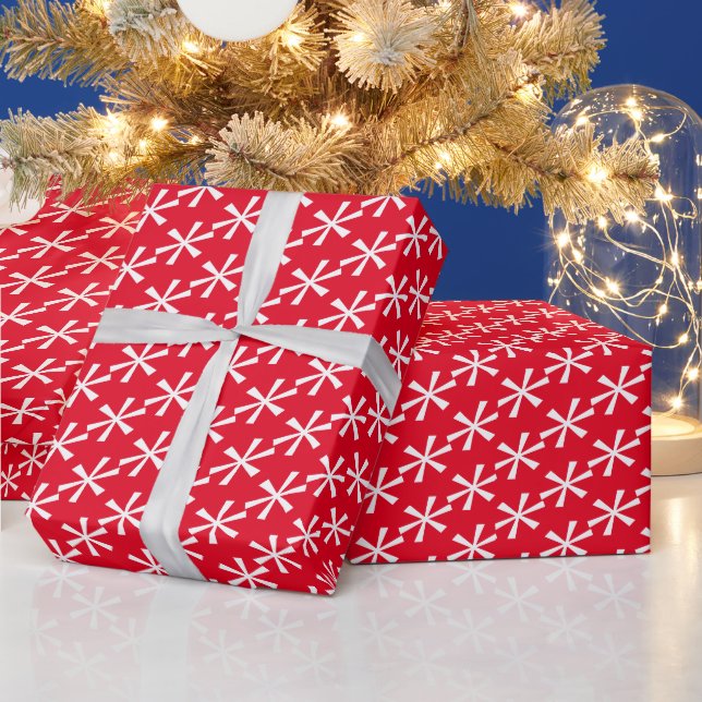 Modern red white stars snowflakes Christmas Wrapping Paper (Holidays)