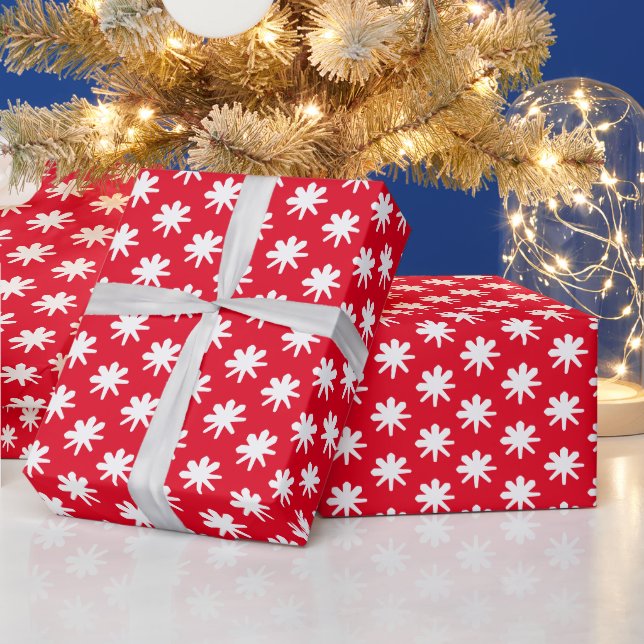 Modern red White Stars Snowflakes pattern holiday Wrapping Paper (Holidays)
