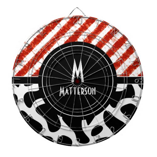 Modern Red White Stripe Black Pattern Monogram  Dart Board