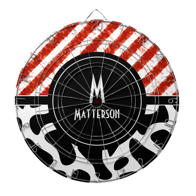 Modern Red White Stripe Black Pattern Monogram  Dart Board (Front)