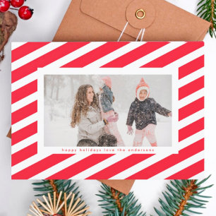 Modern Red & White Stripe Candy Cane Frame Photo Holiday Card