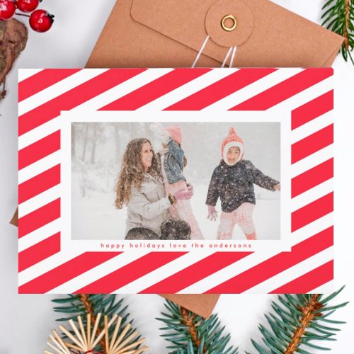 Modern Red  White Stripe Candy Cane Frame Photo Holiday Card