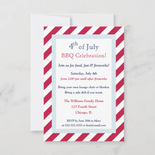 Modern Red White Stripes 4th of July BBQ Party Invitation | Zazzle
