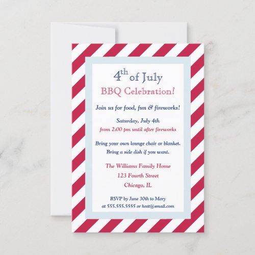Modern Red White Stripes 4th of July BBQ Party Invitation