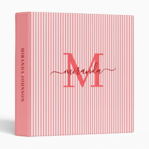 Modern Red & White Stripes Monogram Name 3 Ring Binder