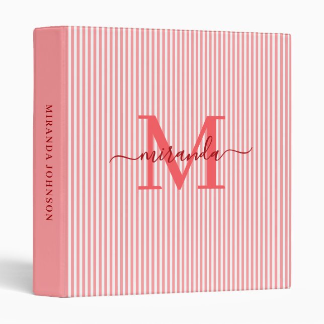 Modern Red & White Stripes Monogram Name 3 Ring Binder (Front/Spine)