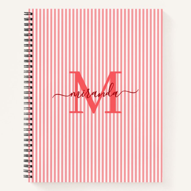 Modern Red & White Stripes Monogram Name Notebook (Front)