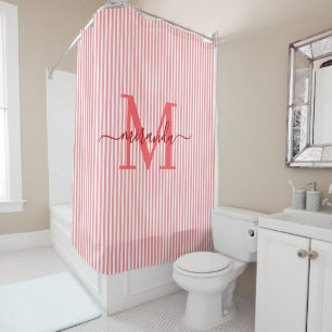 Modern Red & White Stripes Monogram Name Shower Curtain