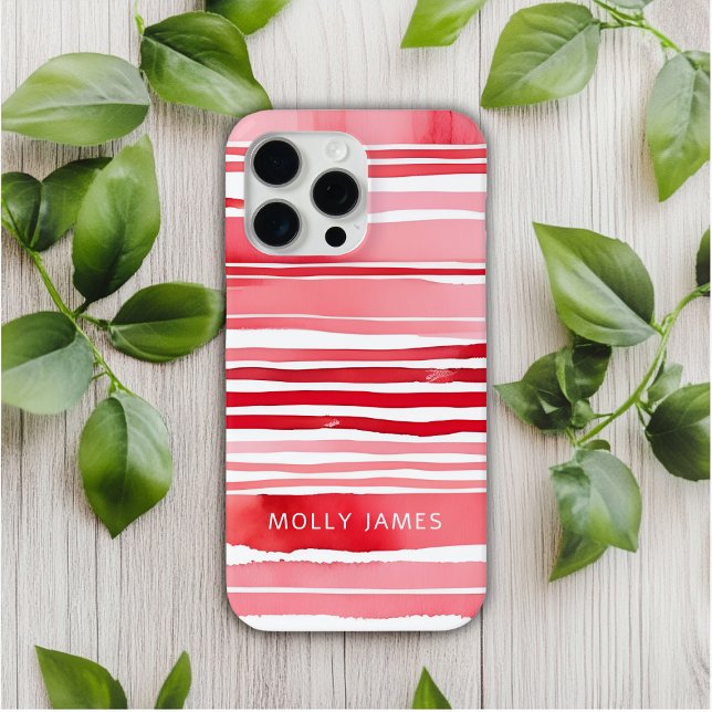 Modern Red White Stripes Personalized Name Case-Mate iPhone Case (Creator Uploaded)