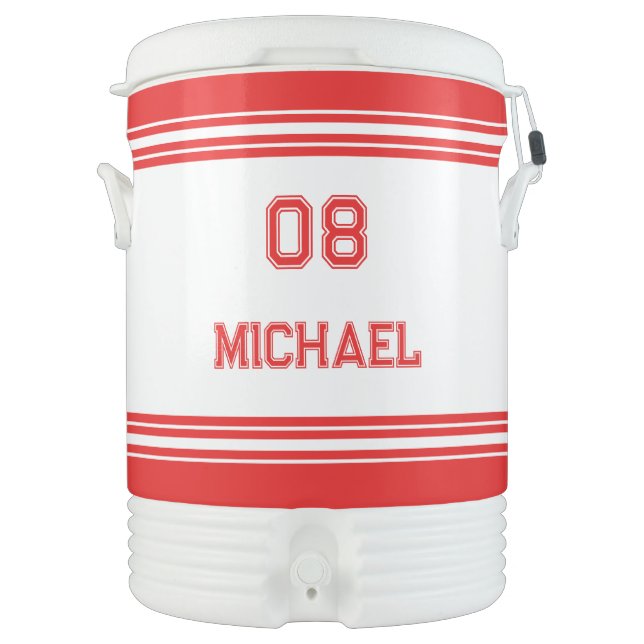 Modern Red White Stripes Player Name Jersey Number Beverage Cooler (Front)