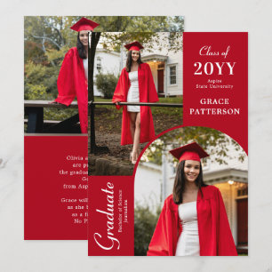 Modern Red White Three Photo Graduation Party Invitation