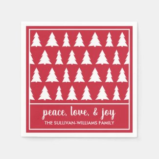 Modern Red White Tree Pattern Name Holiday Party Napkin