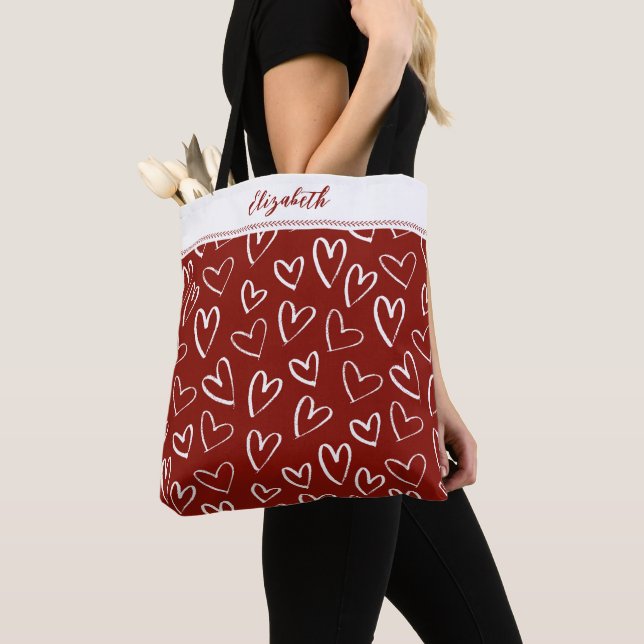 Modern Red White Valentine Hearts Monogram  Tote Bag (Close Up)