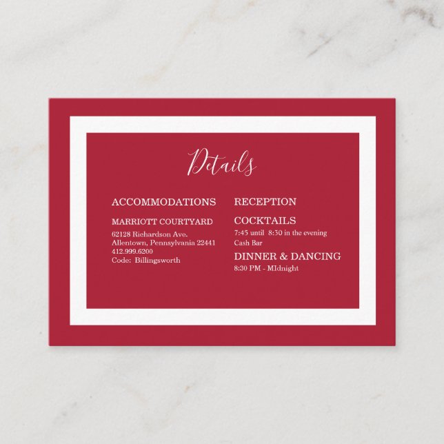 Modern Red & White Wedding Details Enclosure Card (Front)