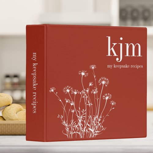 Modern Red  White Wildflowers Monogram Recipe  3 Ring Binder