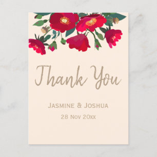 Modern red wild rose  thank you postcard