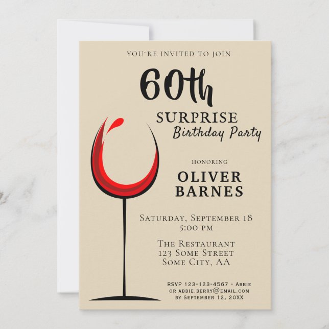 Modern Red Wine 60th Birthday Surprise Party Invitation (Front)